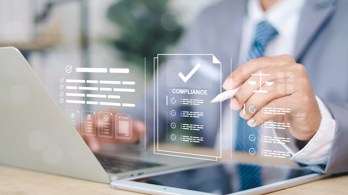 Compliance and governance documents being reviewed with a digital checklist interface